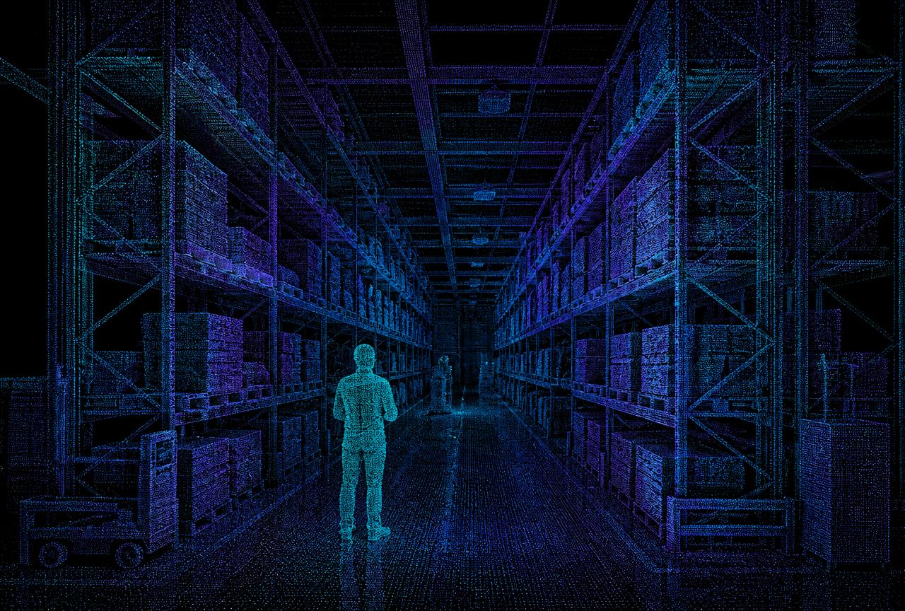 Warehouse aisle captured as a LiDAR point cloud with a human figure