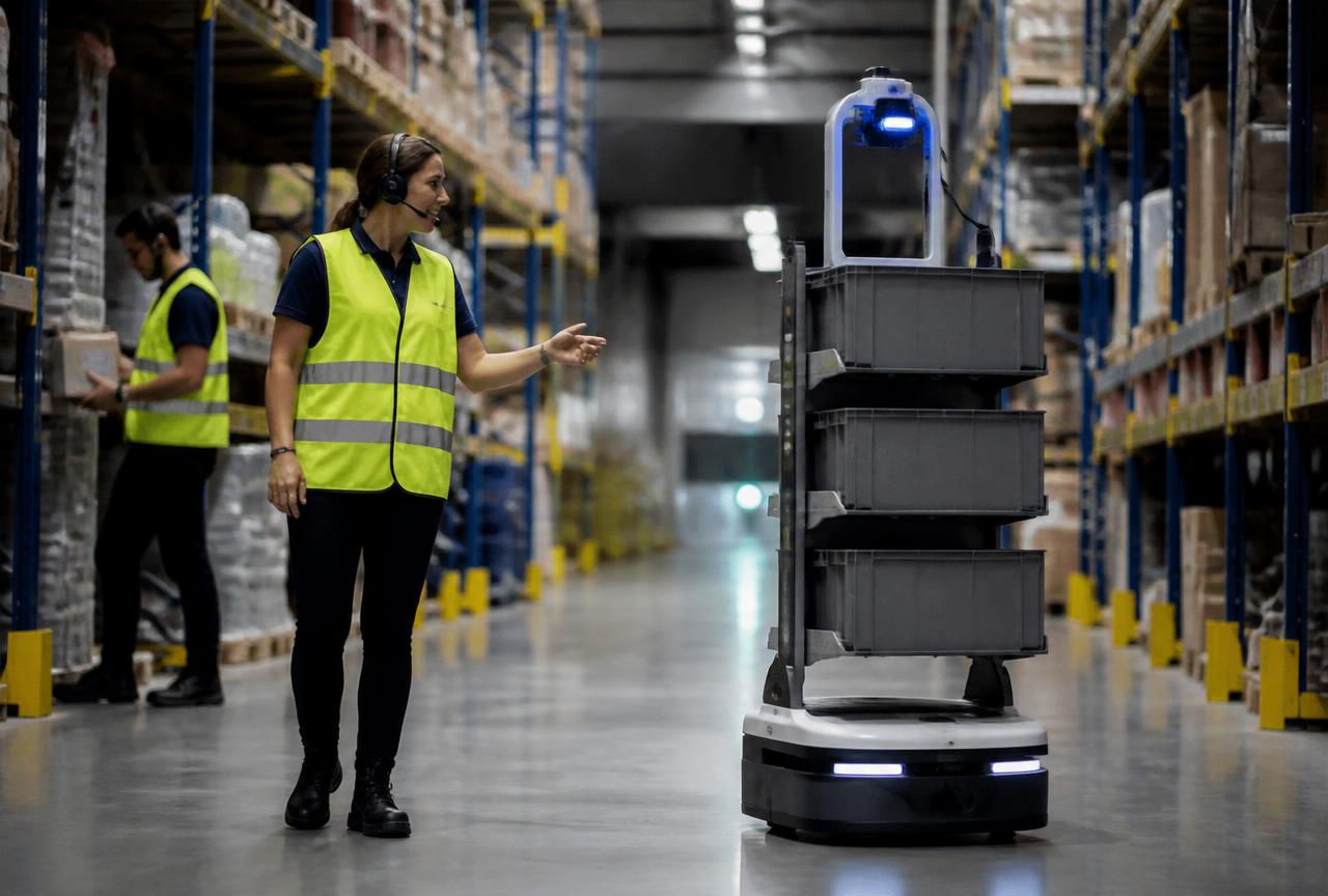 Warehouse worker directing a mobile robot in an aisle