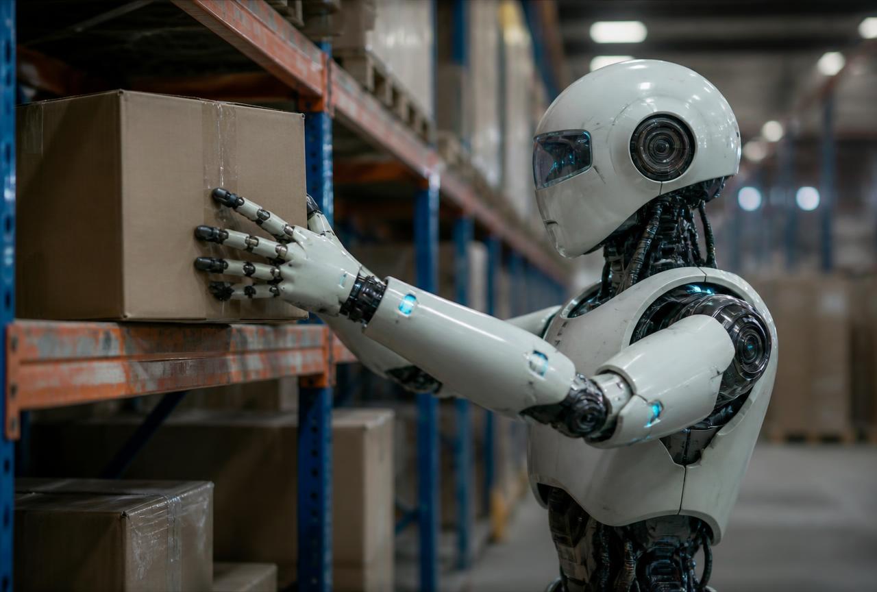 Humanoid robot grasping a box from a warehouse shelf