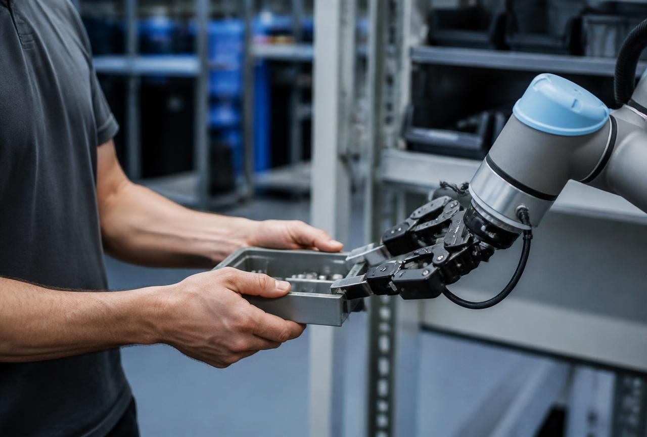 Worker handing a parts tray to a robotic gripper