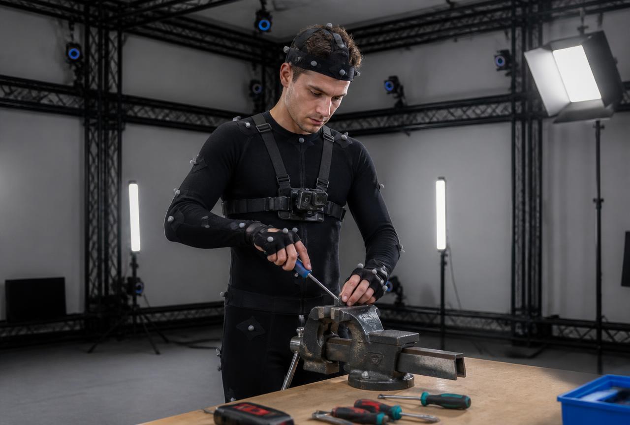 Participant in a motion-capture suit demonstrating a tool-use task